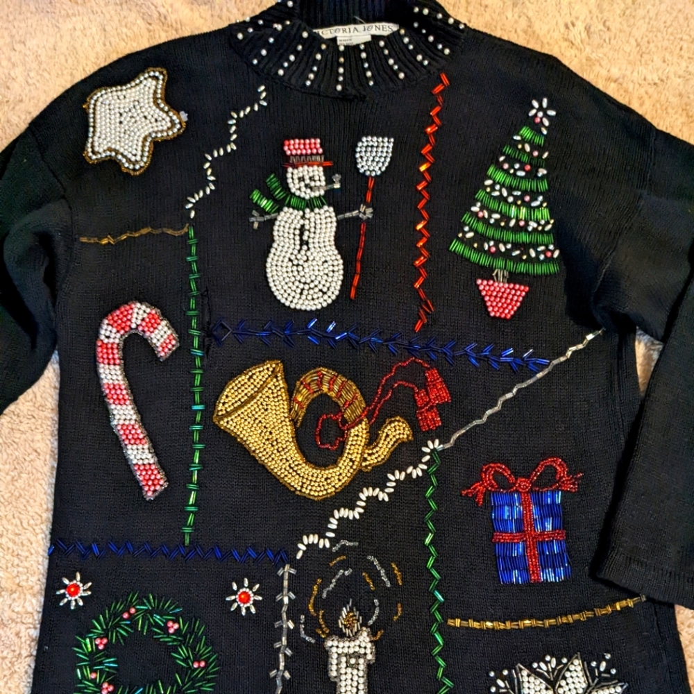 Vintage Victoria Jones Christmas Sweater Size L Beaded Snowman Horn Candycane